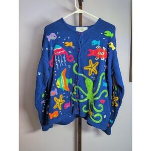 Design Options Philip‎ Jane Gordon Sweater Sz M Cardigan Ocean Fish Beach Shells